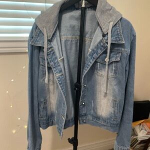 Light Blue Denim Jacket with Grey Hoodie Lining